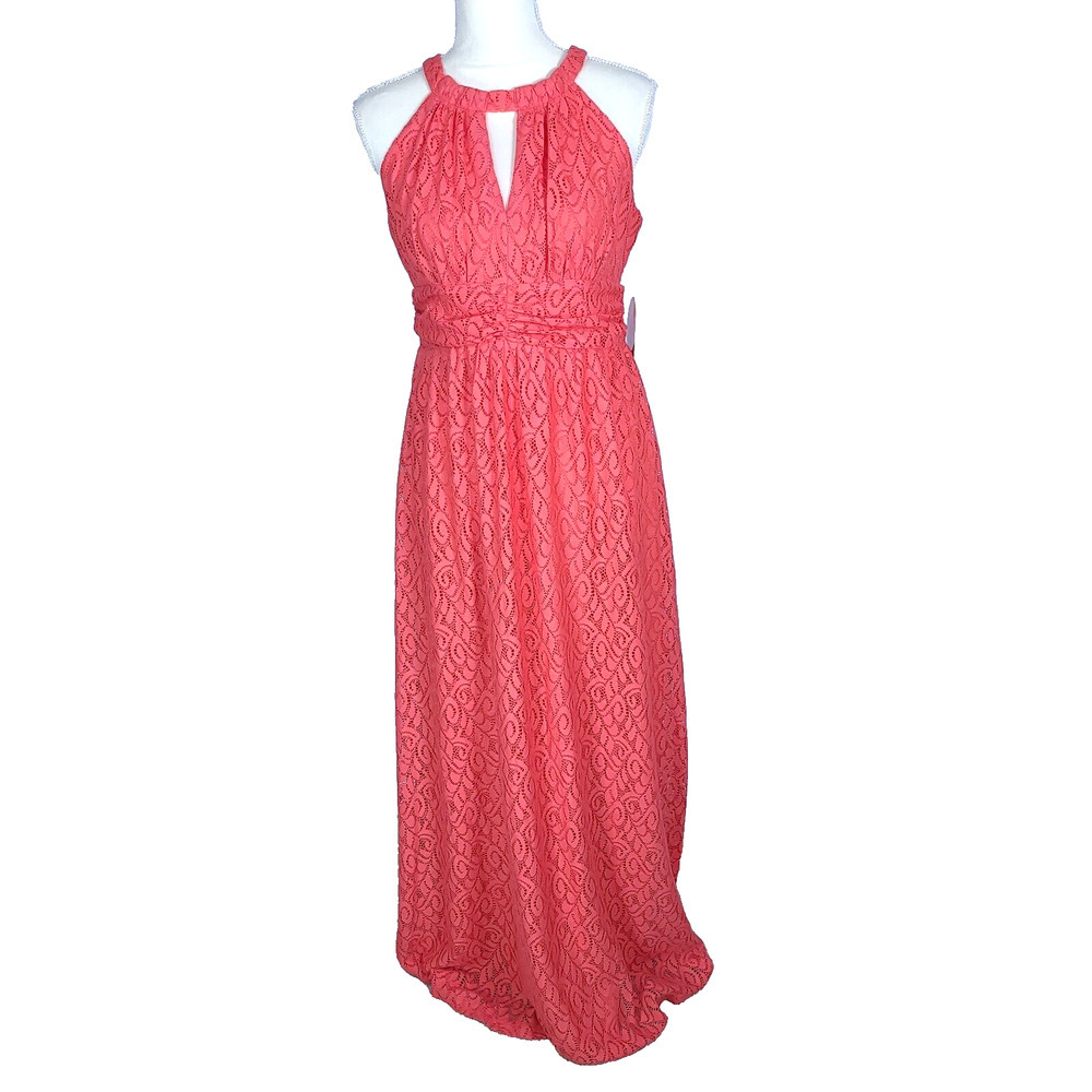 Emma & Michele Coral Pink Maxi Dress Sleeveless Halter Neck Lace Eyelet Cutout 6